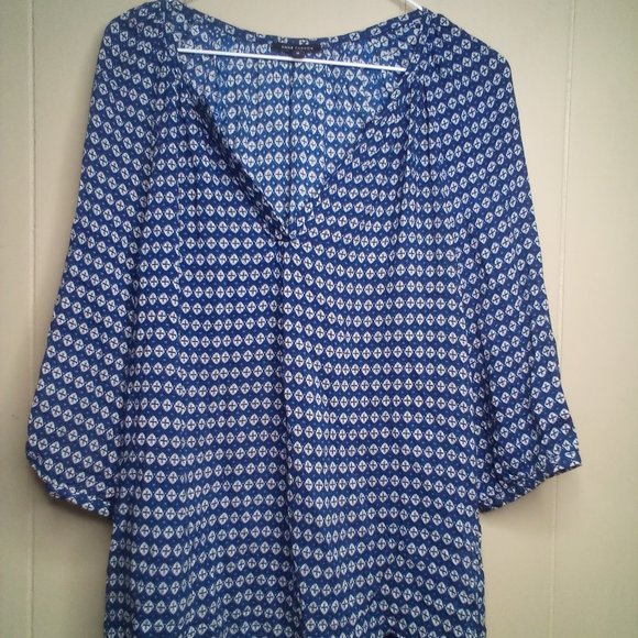 Anne Carson Blouse M 3/4 Sleeve V-Neck Blue White Print - Picture 1 of 14